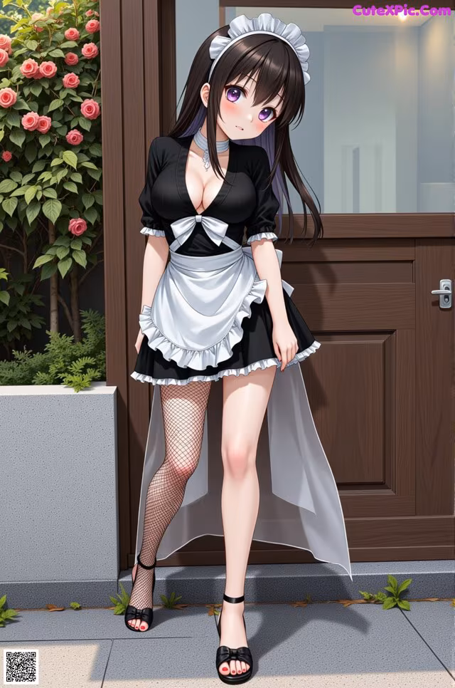 A woman in a maid outfit standing in front of a door.