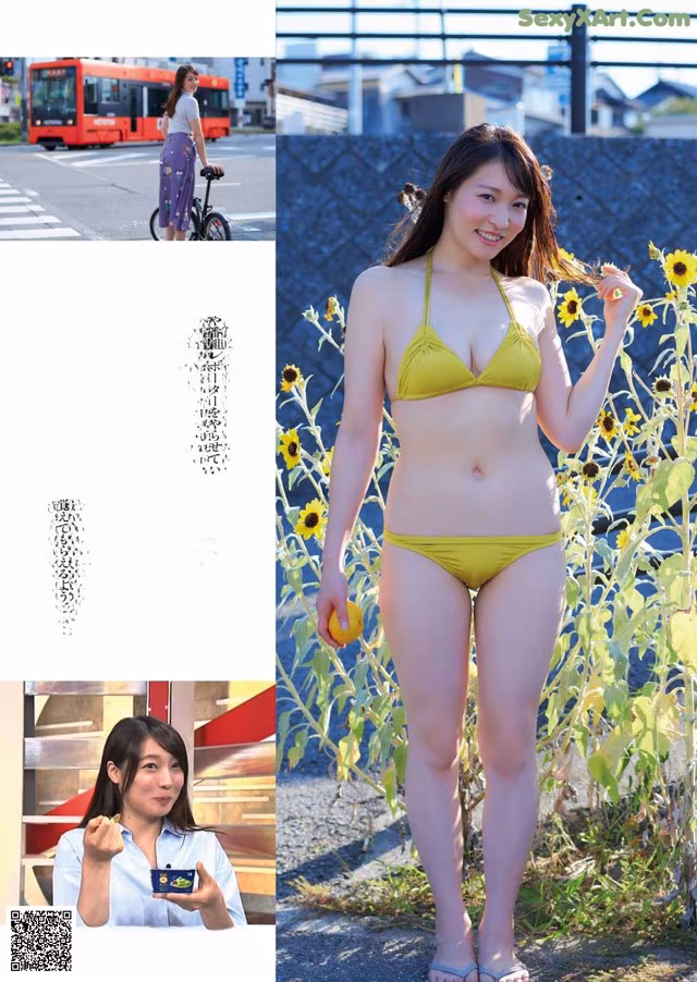A woman in a yellow bikini standing next to a bush of sunflowers.