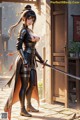 A woman in leather armor holds a sword, standing outdoors near a wooden door.